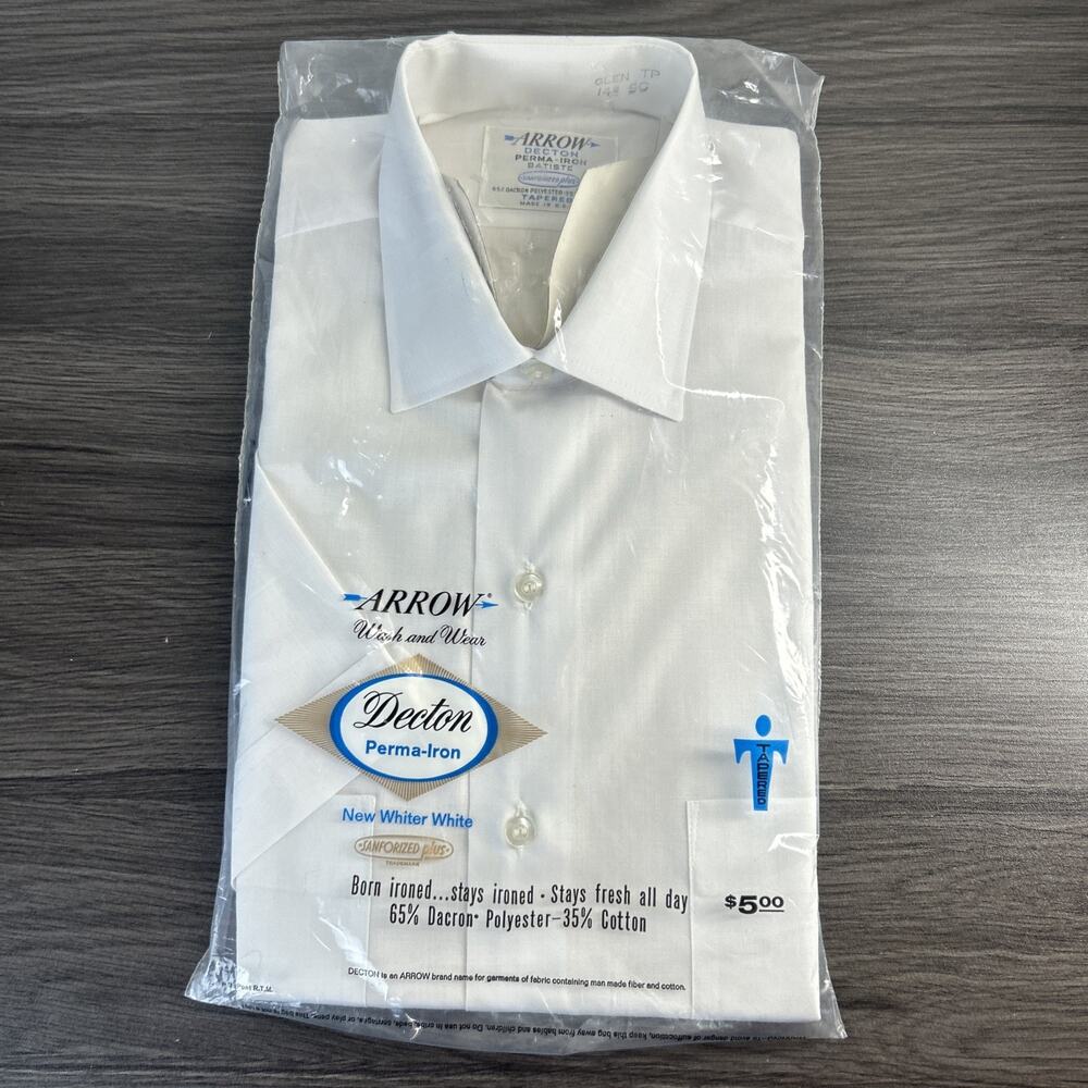 Vintage 60s Arrow Shirt Mens 14.5 Large White Decton Button Up USA Short Sleeve